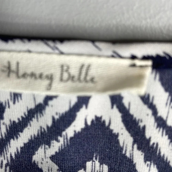 HONEY BELLE Print Crossover Mini Dress Navy Print V-neck Long Sleeve Boho Size S - Picture 9 of 12